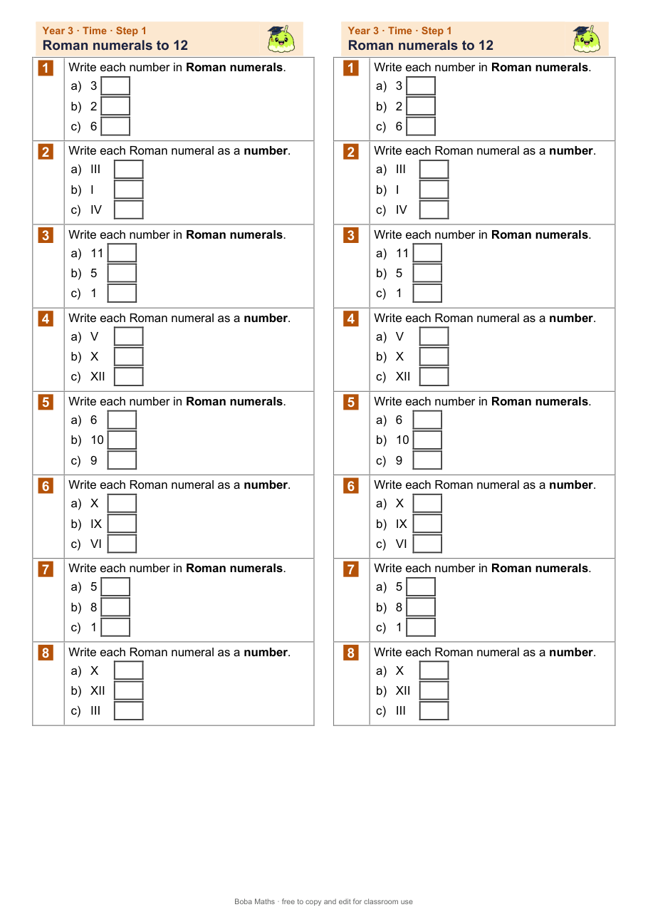 First page of the not scaffolded Roman numerals to 12 sheet, printed twice side by side
