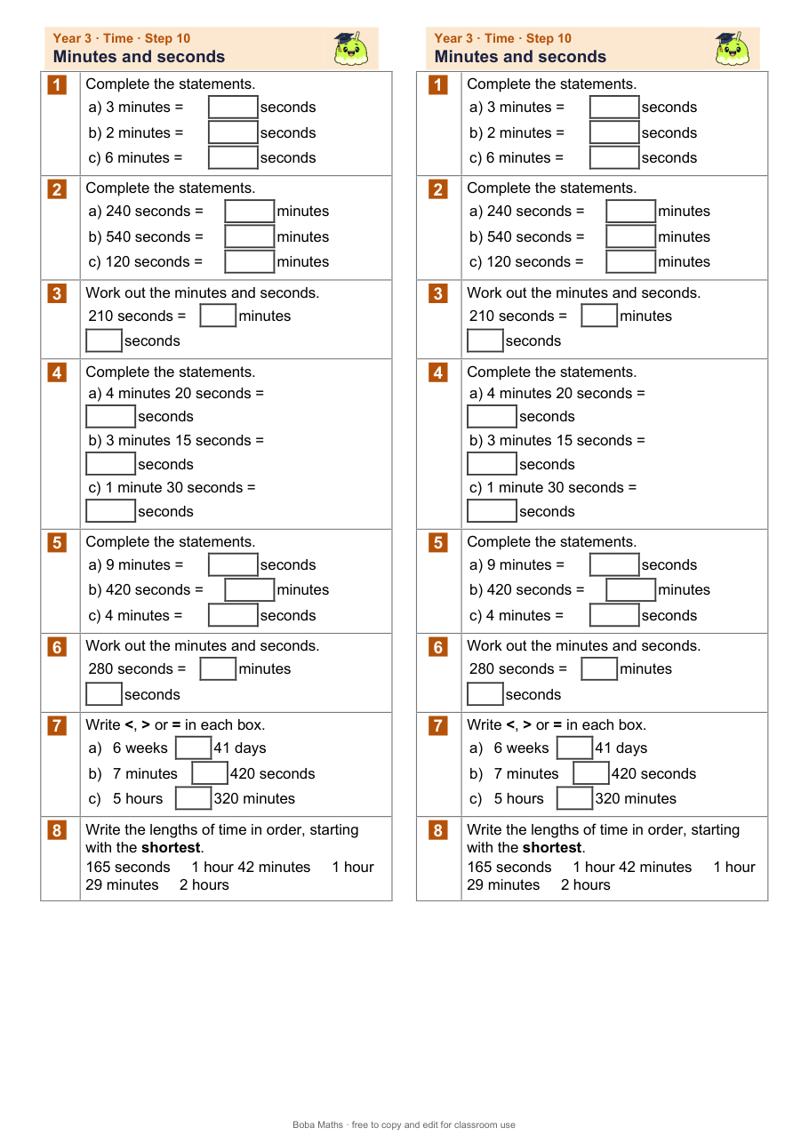 First page of the not scaffolded Minutes and seconds sheet, printed twice side by side