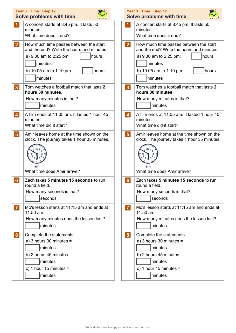 First page of the not scaffolded Solve problems with time sheet, printed twice side by side