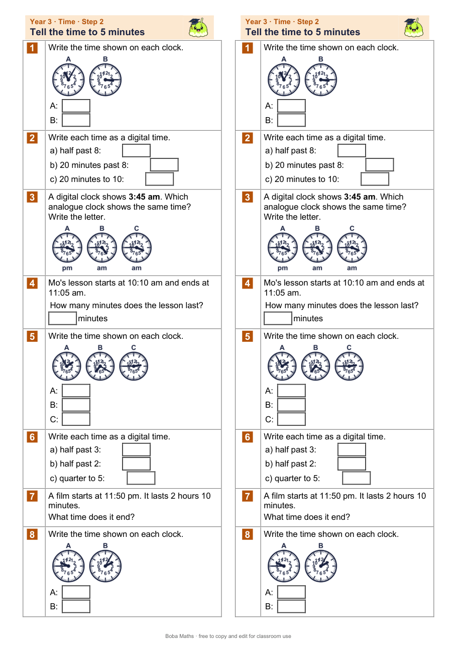 First page of the not scaffolded Tell the time to 5 minutes sheet, printed twice side by side
