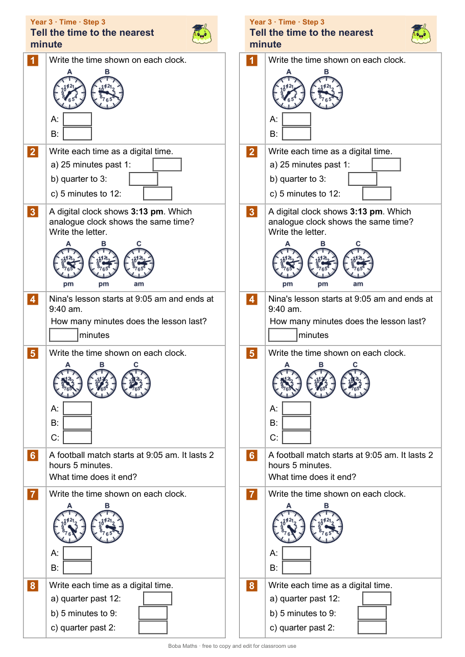 First page of the not scaffolded Tell the time to the nearest minute sheet, printed twice side by side