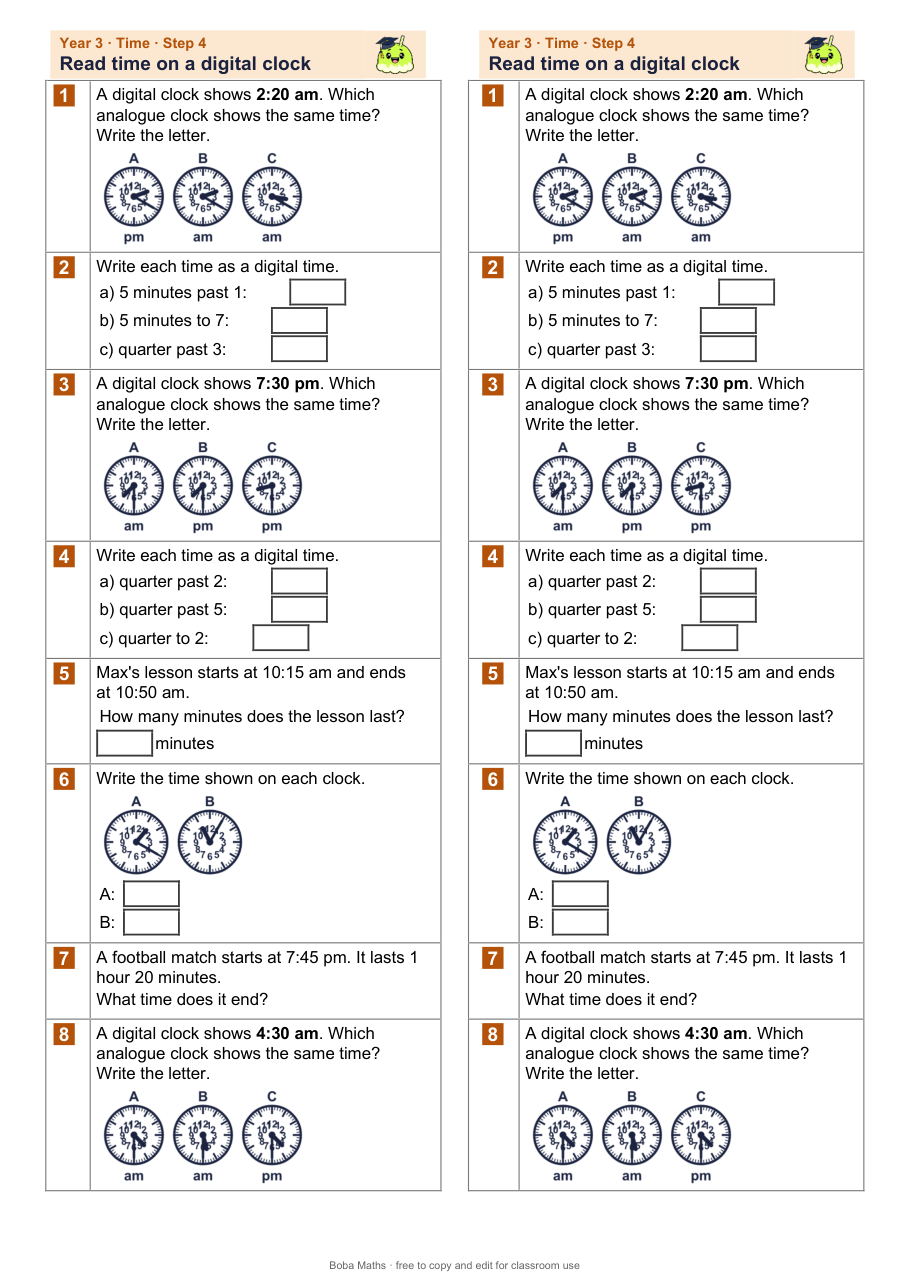 First page of the not scaffolded Read time on a digital clock sheet, printed twice side by side