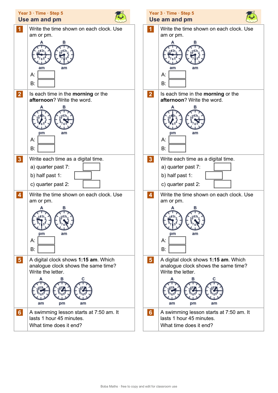 First page of the not scaffolded Use am and pm sheet, printed twice side by side