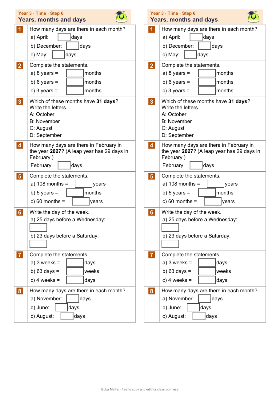 First page of the not scaffolded Years, months and days sheet, printed twice side by side