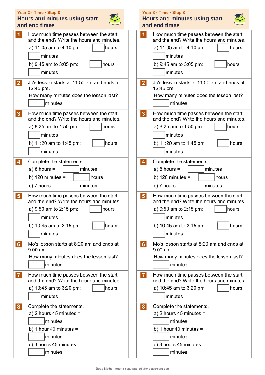 First page of the not scaffolded Hours and minutes using start and end times sheet, printed twice side by side