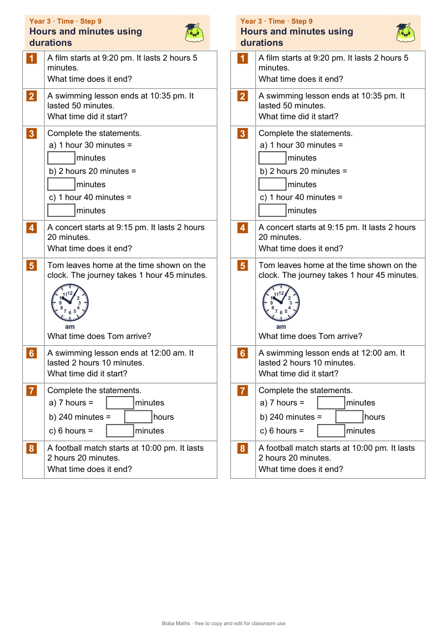 First page of the not scaffolded Hours and minutes using durations sheet, printed twice side by side