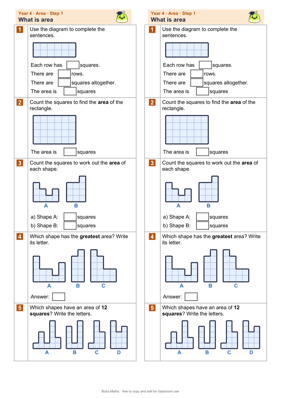 First page of the not scaffolded What is area sheet, printed twice side by side