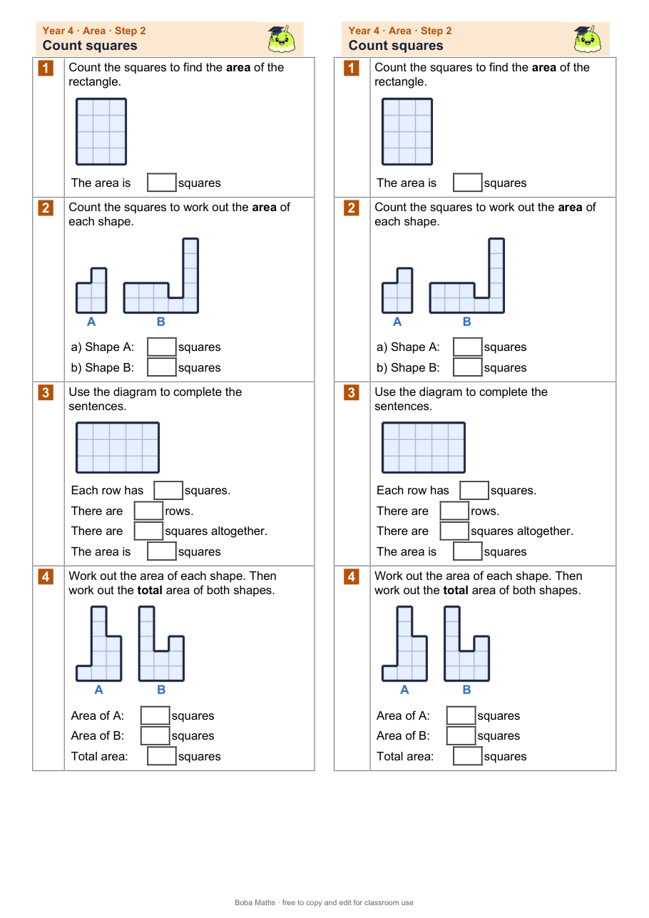 First page of the not scaffolded Count squares sheet, printed twice side by side