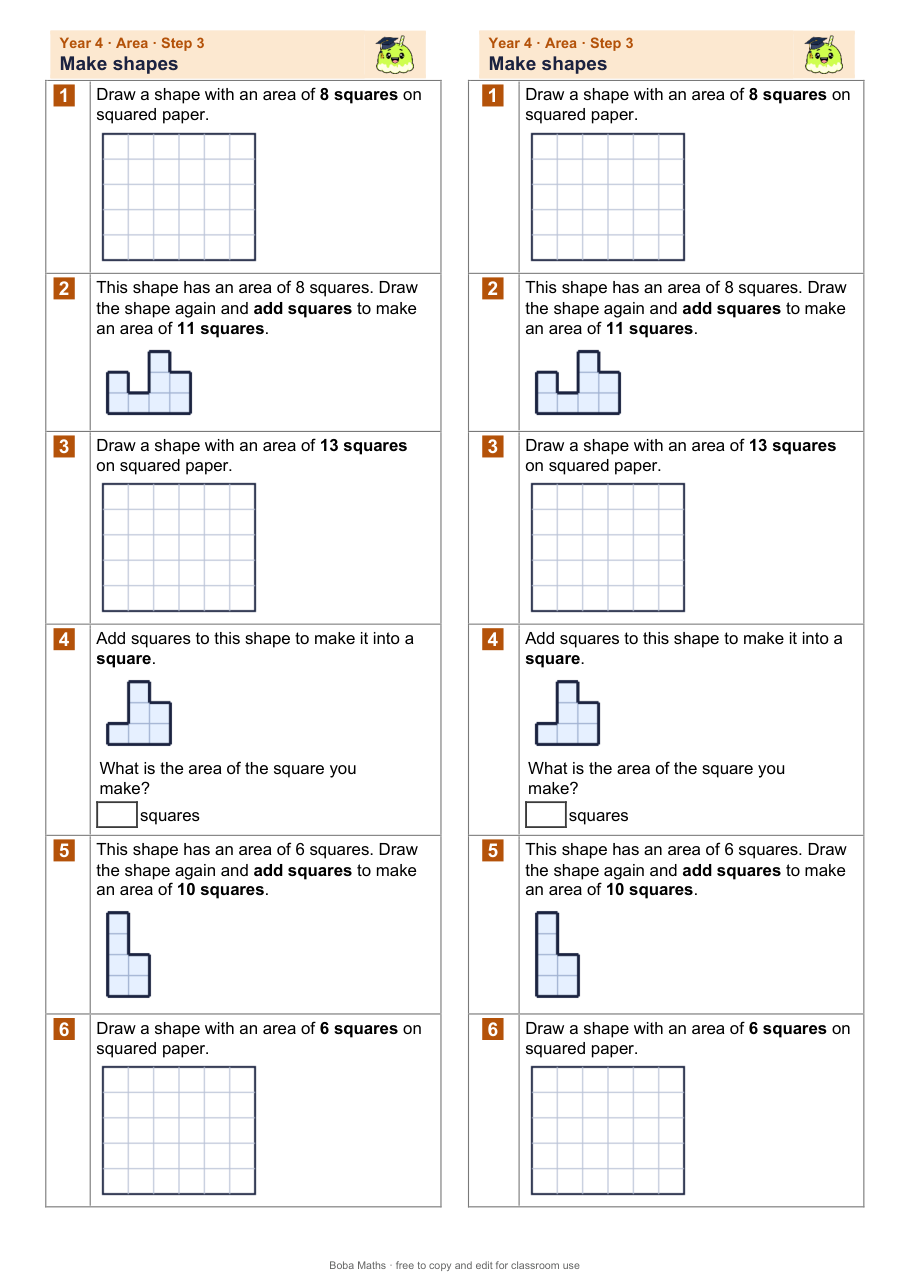 First page of the not scaffolded Make shapes sheet, printed twice side by side
