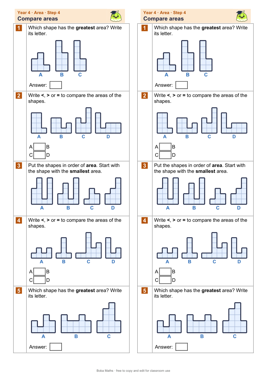 First page of the not scaffolded Compare areas sheet, printed twice side by side