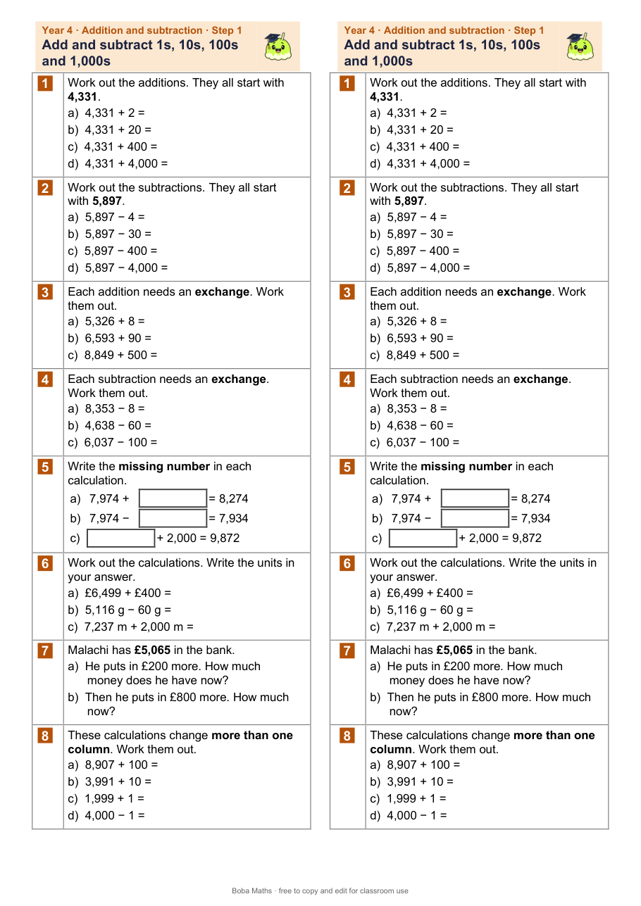 First page of the not scaffolded Add and subtract 1s, 10s, 100s and 1,000s sheet, printed twice side by side