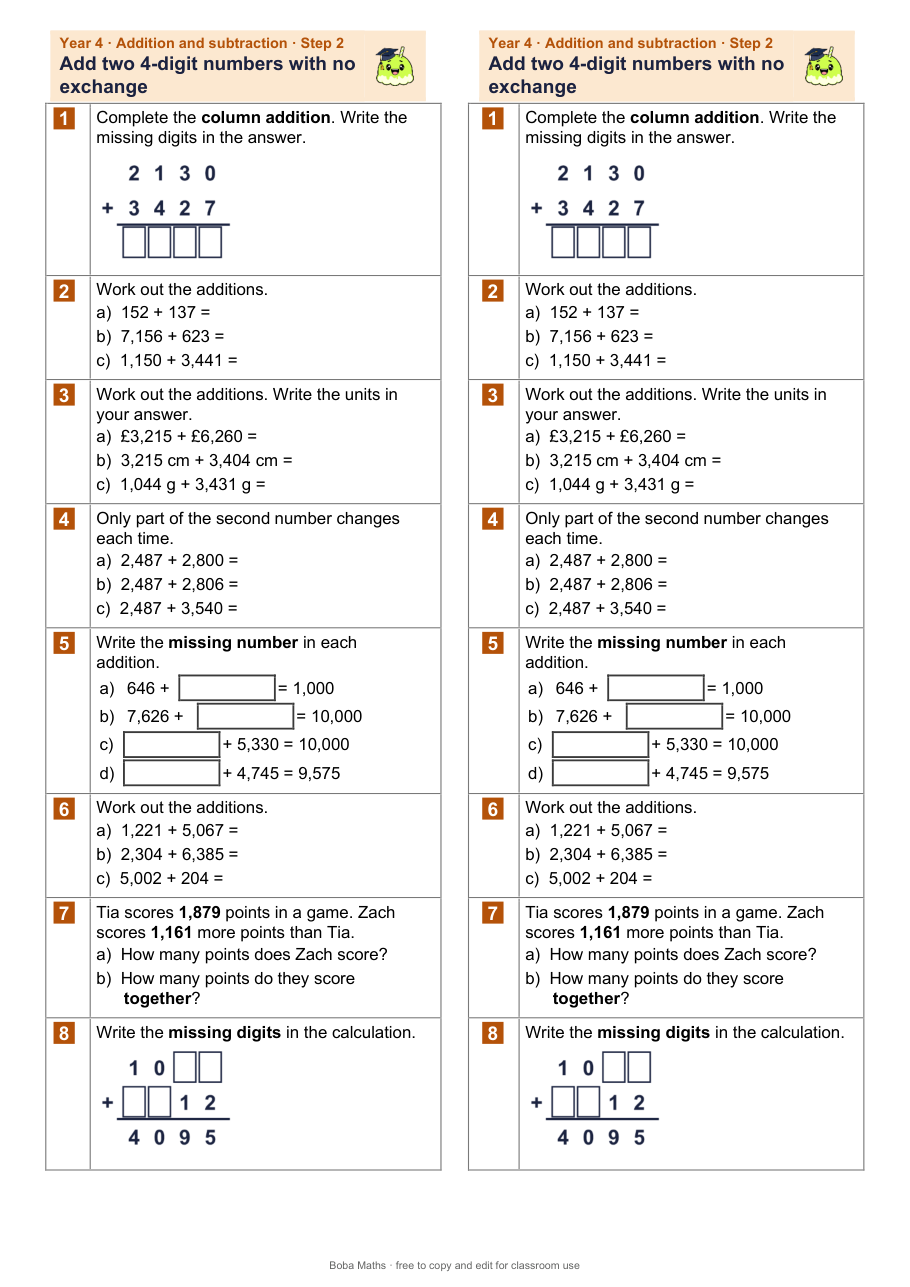 First page of the not scaffolded Add two 4-digit numbers with no exchange sheet, printed twice side by side