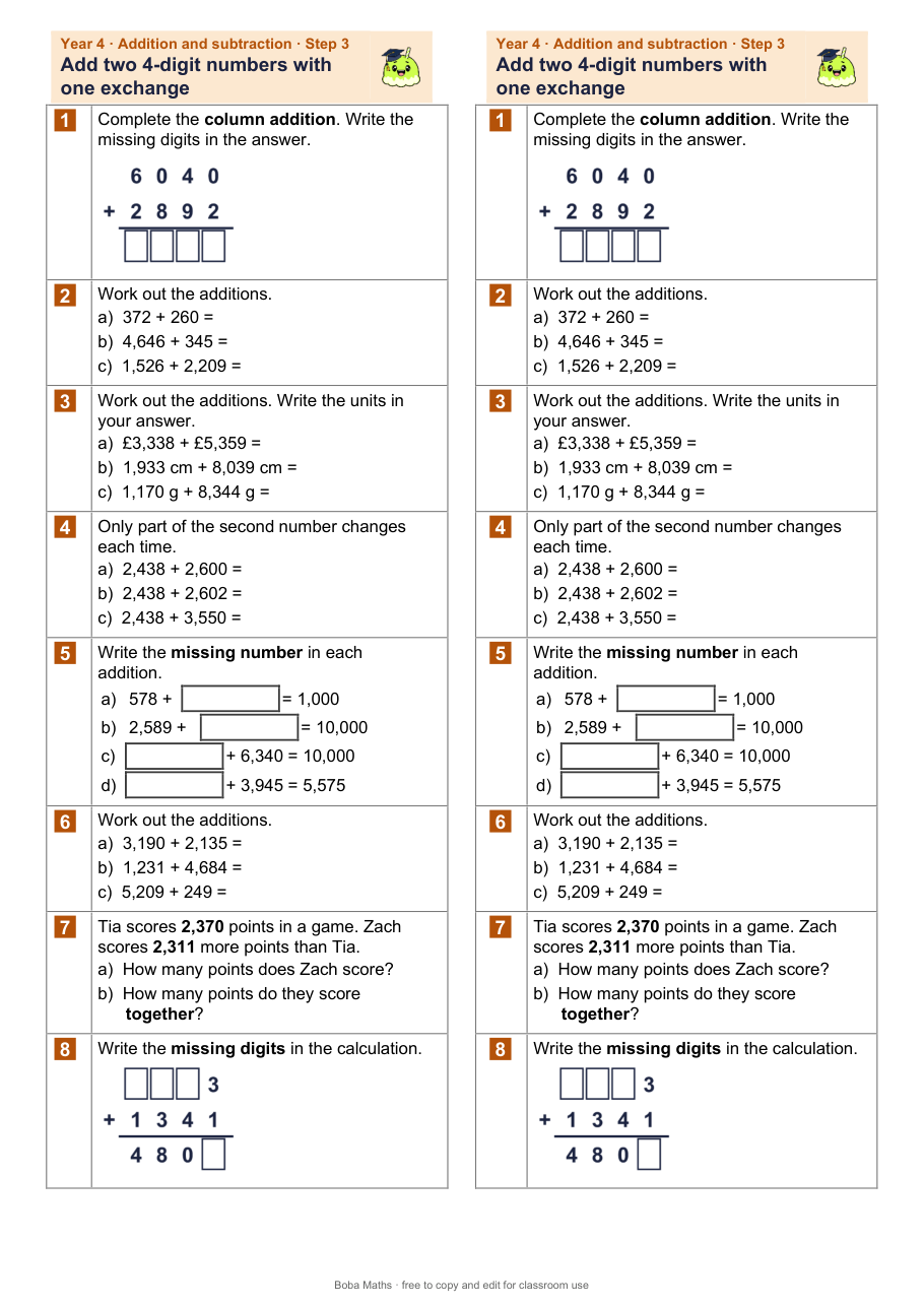 First page of the not scaffolded Add two 4-digit numbers with one exchange sheet, printed twice side by side