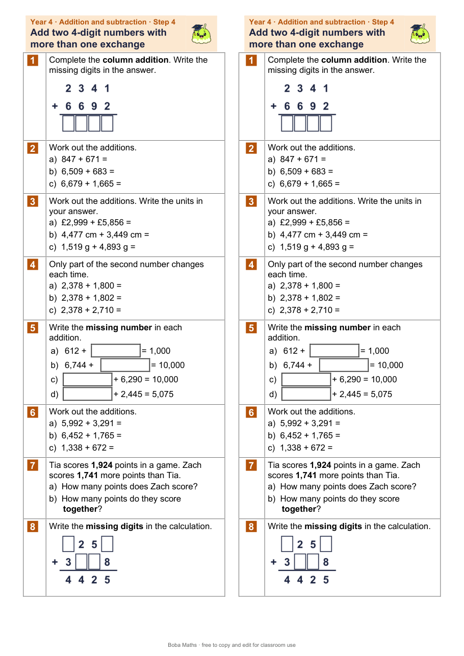 First page of the not scaffolded Add two 4-digit numbers with more than one exchange sheet, printed twice side by side