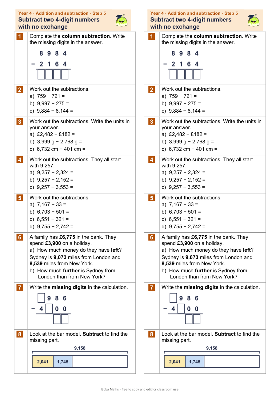 First page of the not scaffolded Subtract two 4-digit numbers with no exchange sheet, printed twice side by side