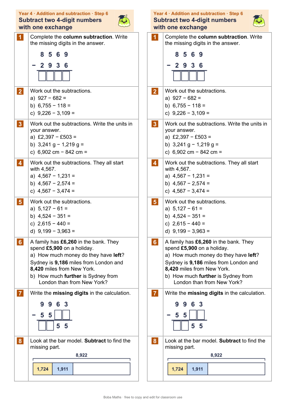 First page of the not scaffolded Subtract two 4-digit numbers with one exchange sheet, printed twice side by side