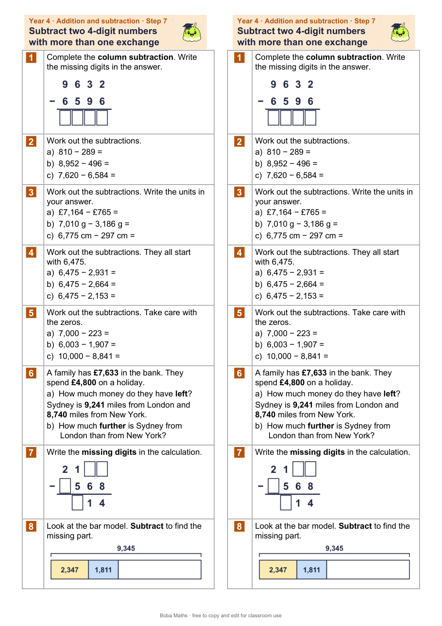First page of the not scaffolded Subtract two 4-digit numbers with more than one exchange sheet, printed twice side by side