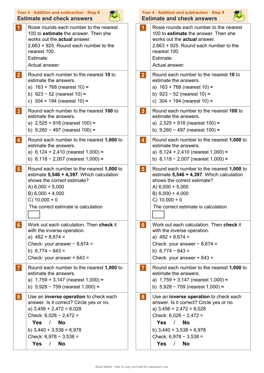 First page of the not scaffolded Estimate and check answers sheet, printed twice side by side
