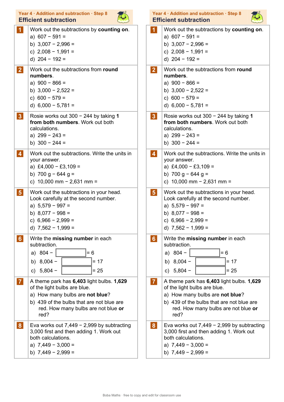 First page of the not scaffolded Efficient subtraction sheet, printed twice side by side