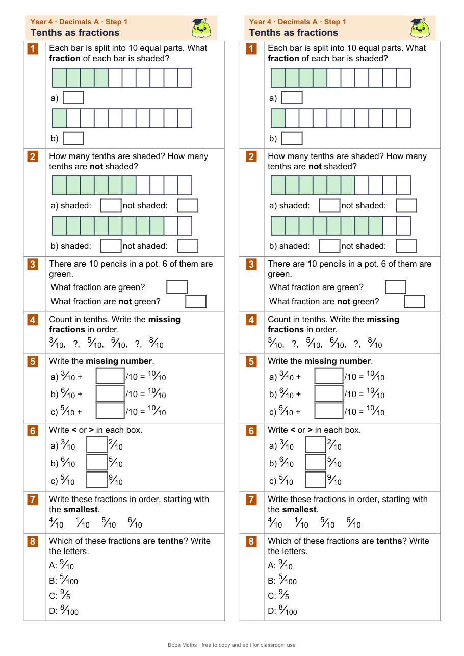 First page of the not scaffolded Tenths as fractions sheet, printed twice side by side