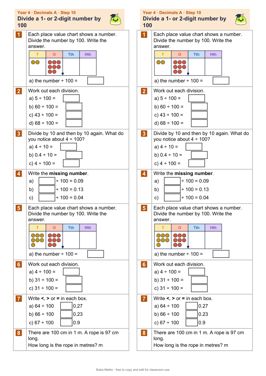 First page of the not scaffolded Divide a 1- or 2-digit number by 100 sheet, printed twice side by side