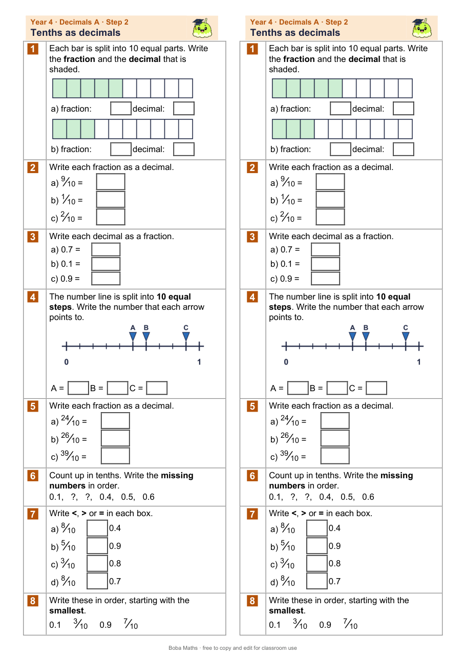 First page of the not scaffolded Tenths as decimals sheet, printed twice side by side