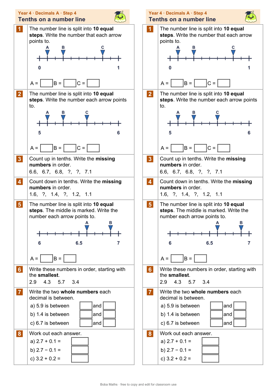 First page of the not scaffolded Tenths on a number line sheet, printed twice side by side
