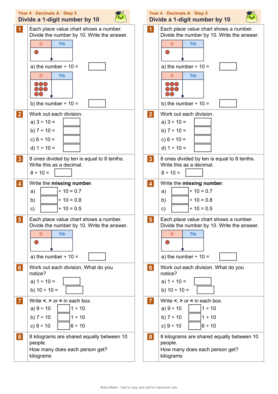 First page of the not scaffolded Divide a 1-digit number by 10 sheet, printed twice side by side