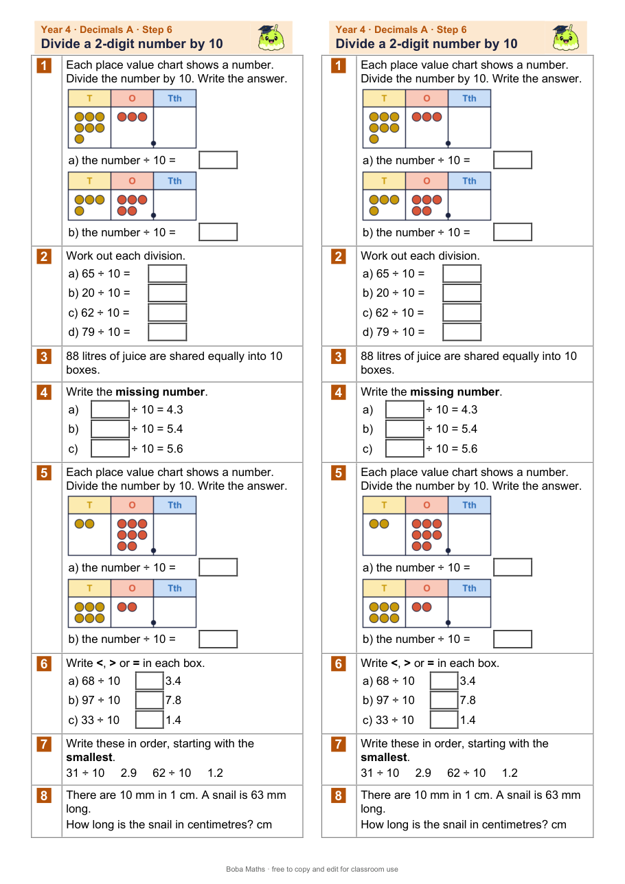 First page of the not scaffolded Divide a 2-digit number by 10 sheet, printed twice side by side