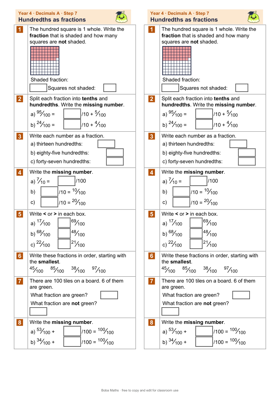 First page of the not scaffolded Hundredths as fractions sheet, printed twice side by side