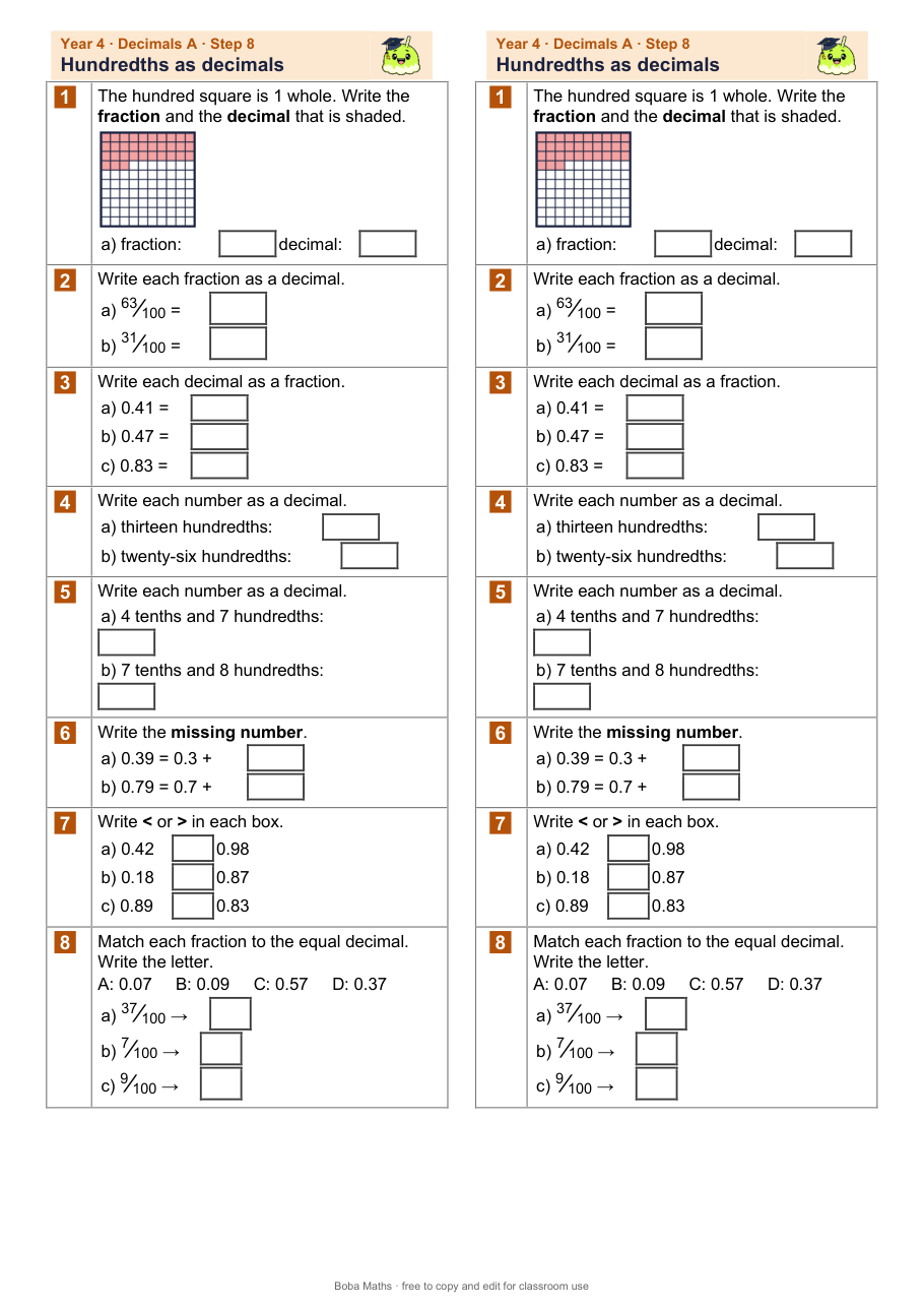 First page of the not scaffolded Hundredths as decimals sheet, printed twice side by side