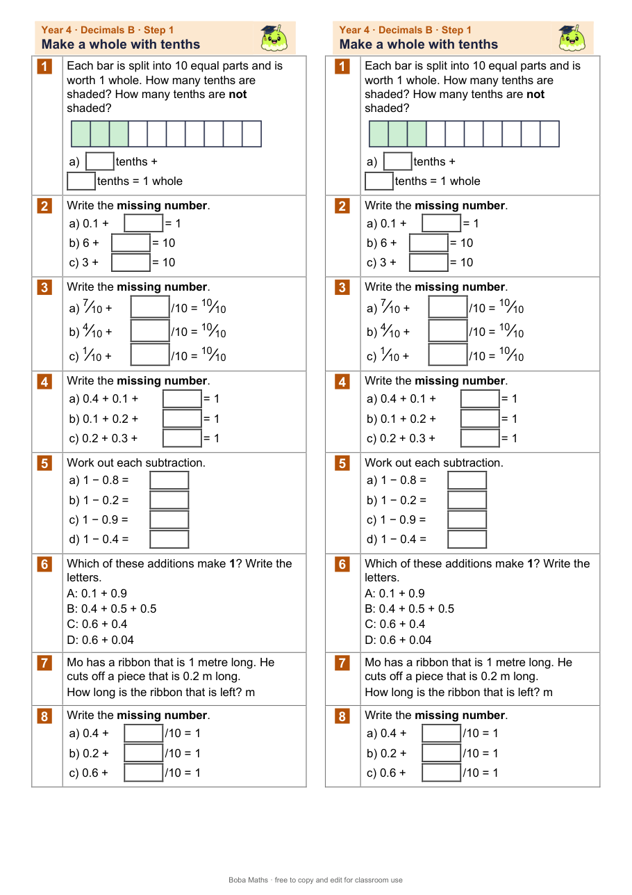 First page of the not scaffolded Make a whole with tenths sheet, printed twice side by side