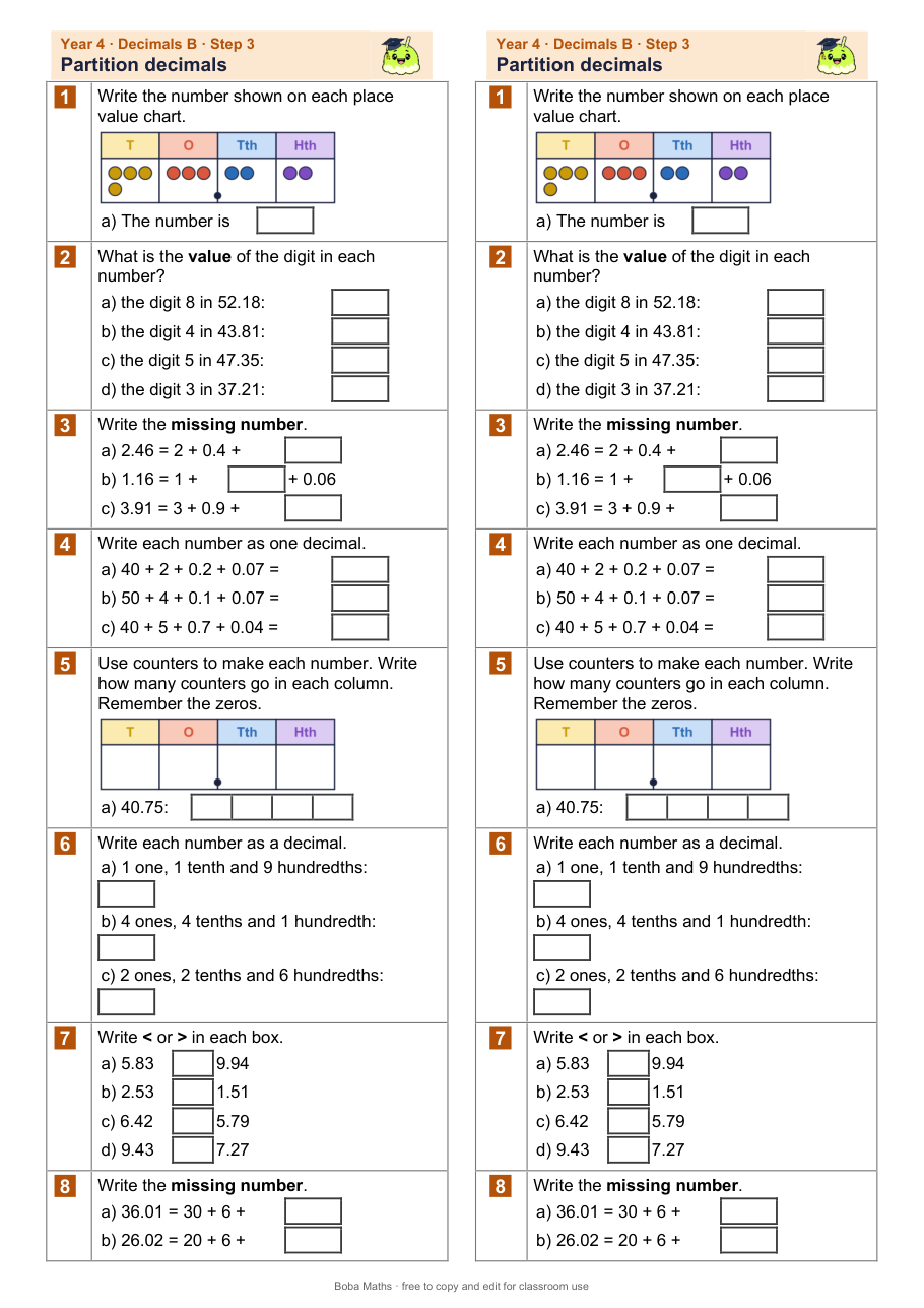 First page of the not scaffolded Partition decimals sheet, printed twice side by side