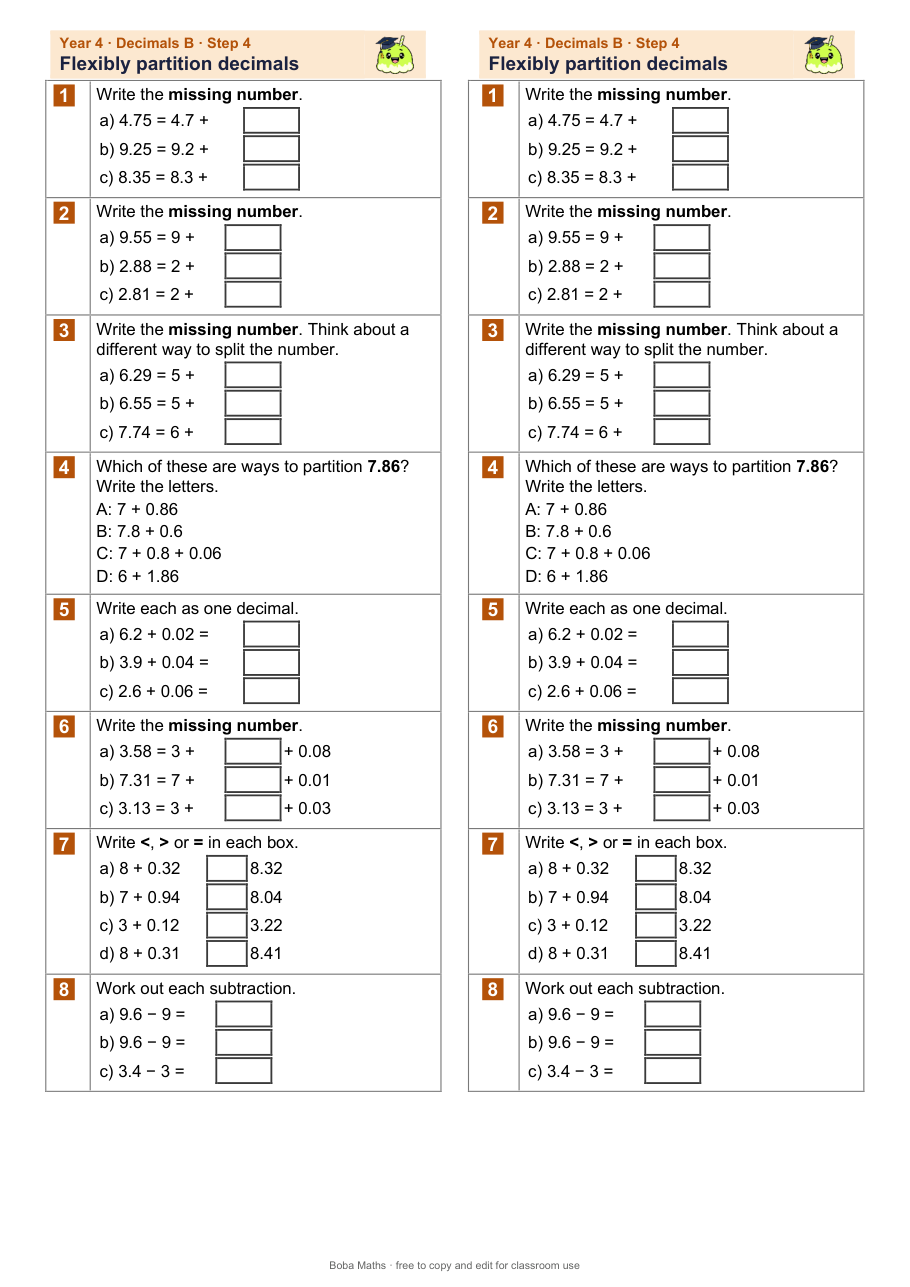 First page of the not scaffolded Flexibly partition decimals sheet, printed twice side by side