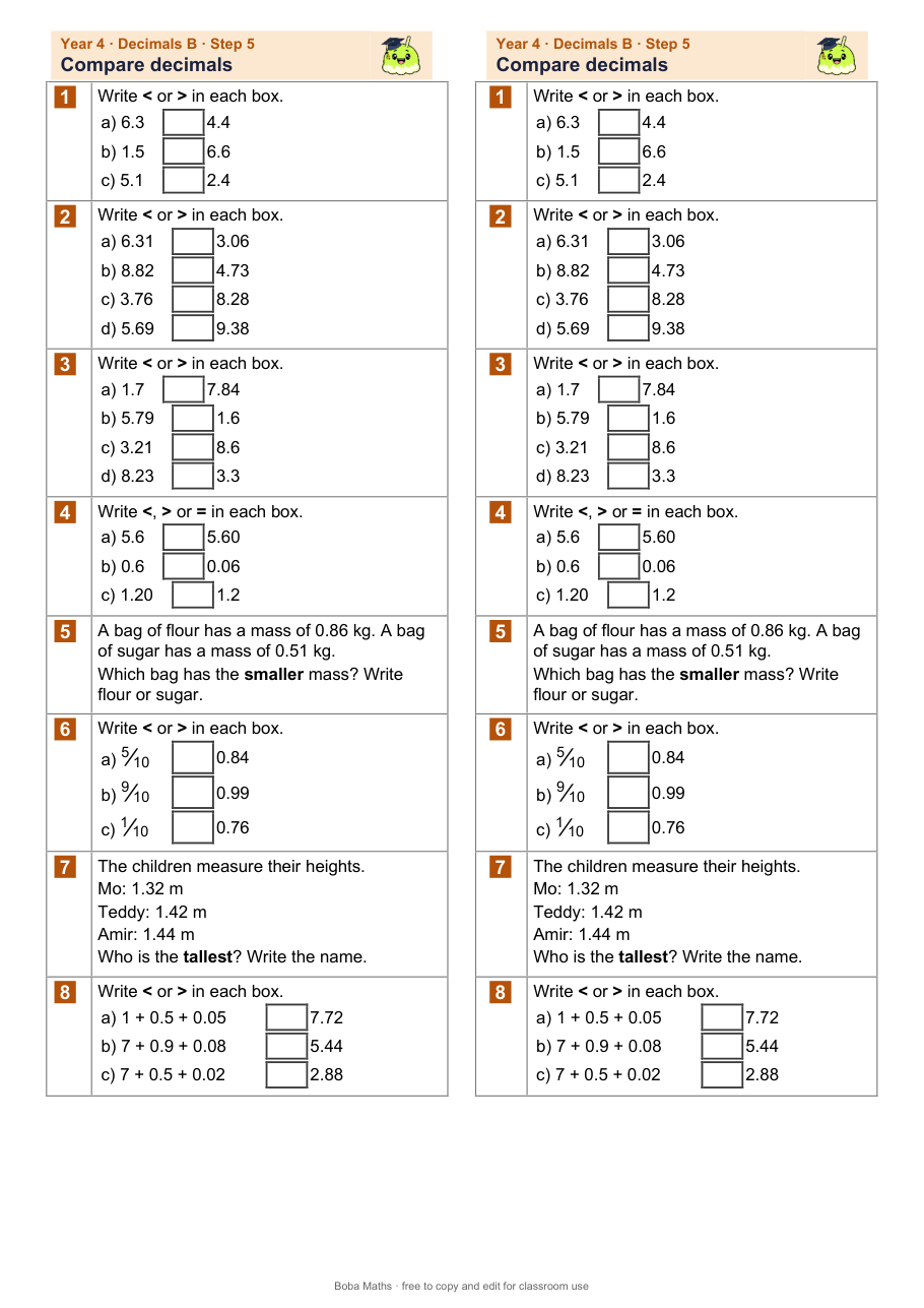 First page of the not scaffolded Compare decimals sheet, printed twice side by side
