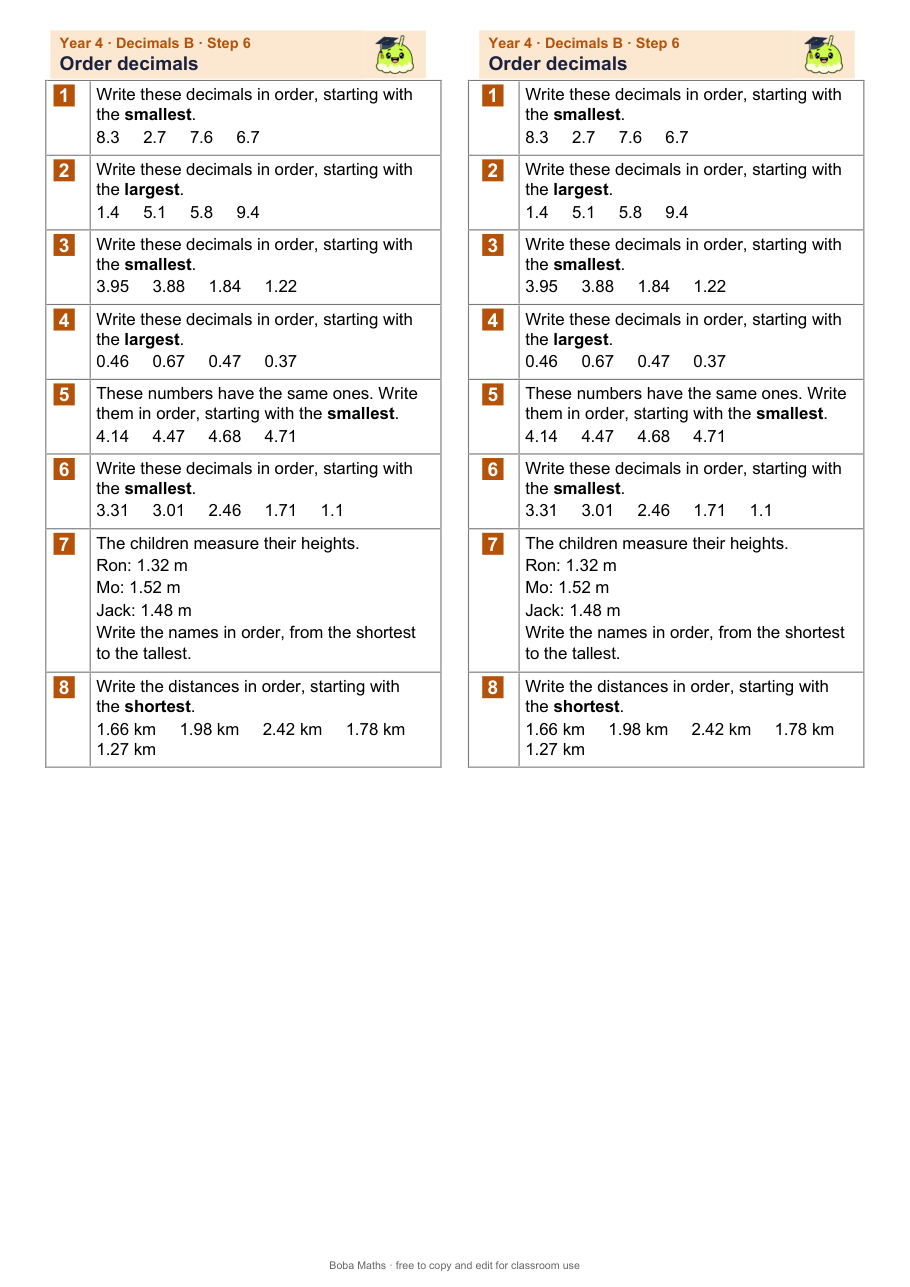 First page of the not scaffolded Order decimals sheet, printed twice side by side