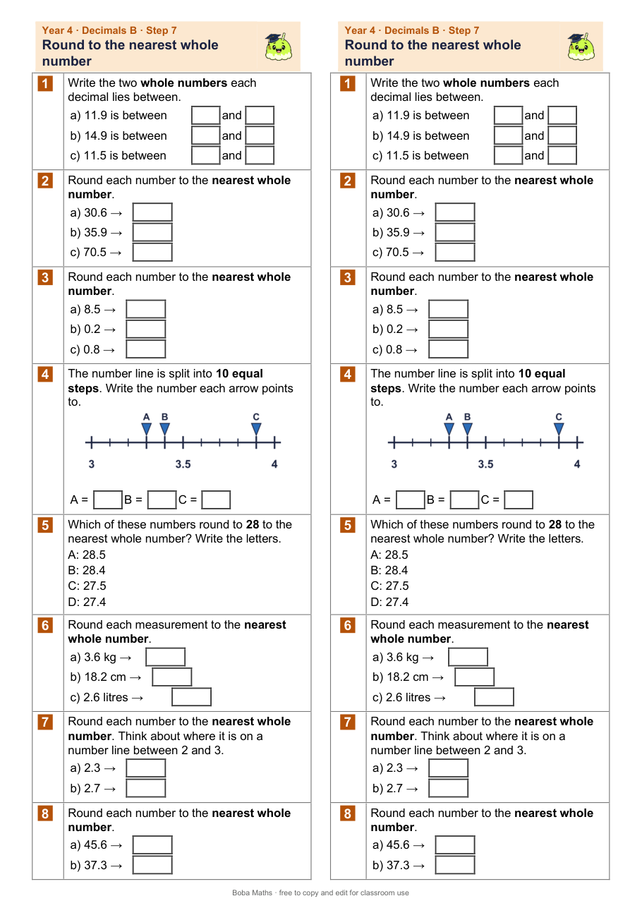 First page of the not scaffolded Round to the nearest whole number sheet, printed twice side by side