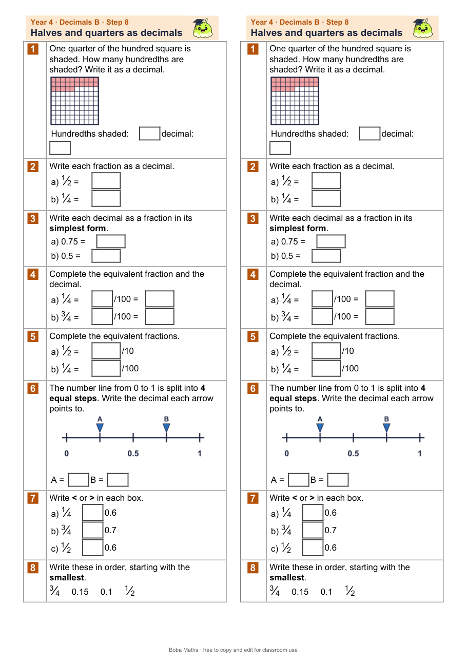 First page of the not scaffolded Halves and quarters as decimals sheet, printed twice side by side