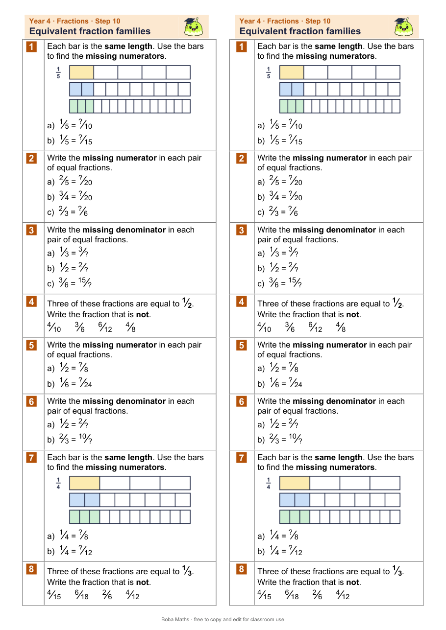 First page of the not scaffolded Equivalent fraction families sheet, printed twice side by side