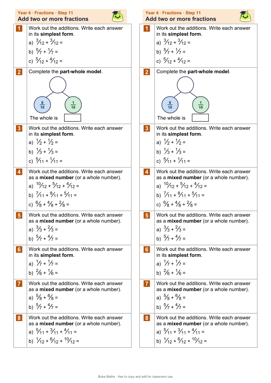 First page of the not scaffolded Add two or more fractions sheet, printed twice side by side