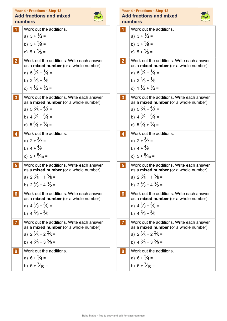 First page of the not scaffolded Add fractions and mixed numbers sheet, printed twice side by side
