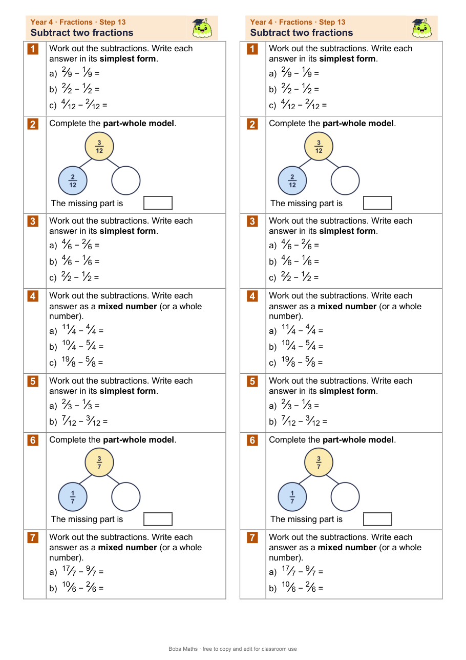 First page of the not scaffolded Subtract two fractions sheet, printed twice side by side