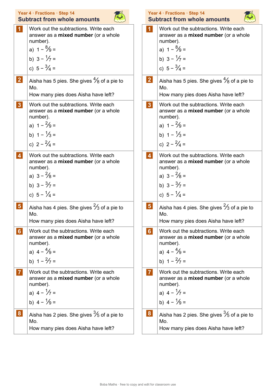 First page of the not scaffolded Subtract from whole amounts sheet, printed twice side by side
