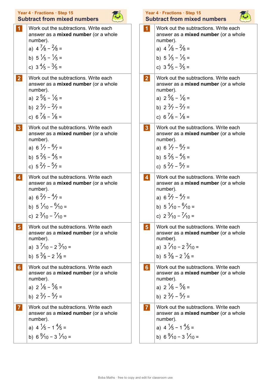 First page of the not scaffolded Subtract from mixed numbers sheet, printed twice side by side
