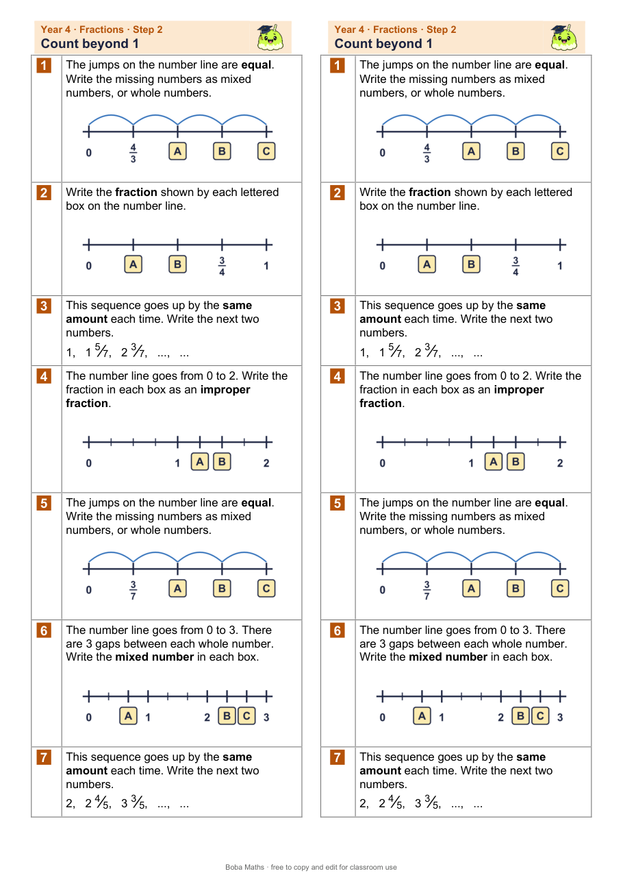 First page of the not scaffolded Count beyond 1 sheet, printed twice side by side