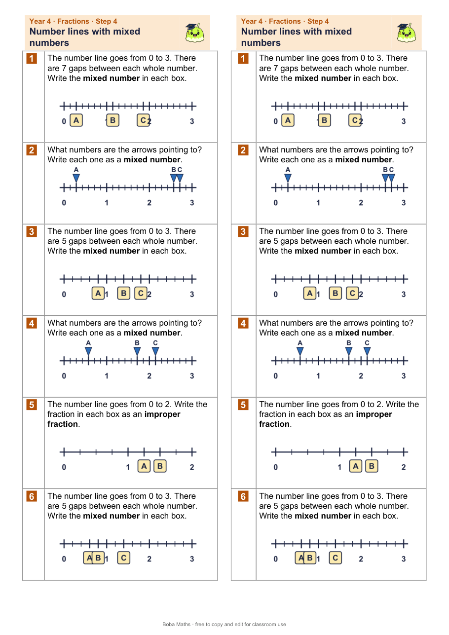 First page of the not scaffolded Number lines with mixed numbers sheet, printed twice side by side