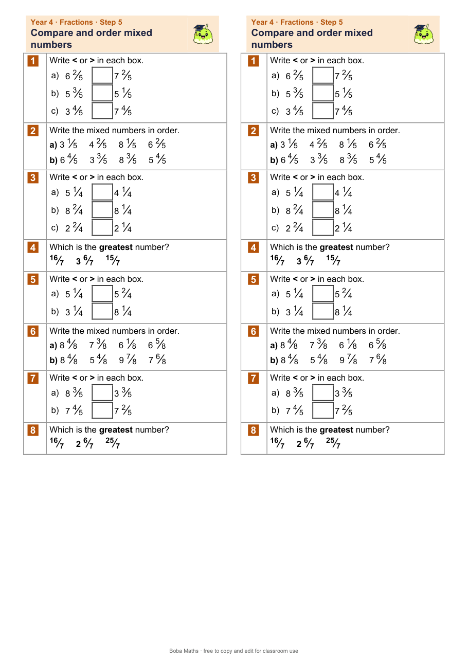 First page of the not scaffolded Compare and order mixed numbers sheet, printed twice side by side