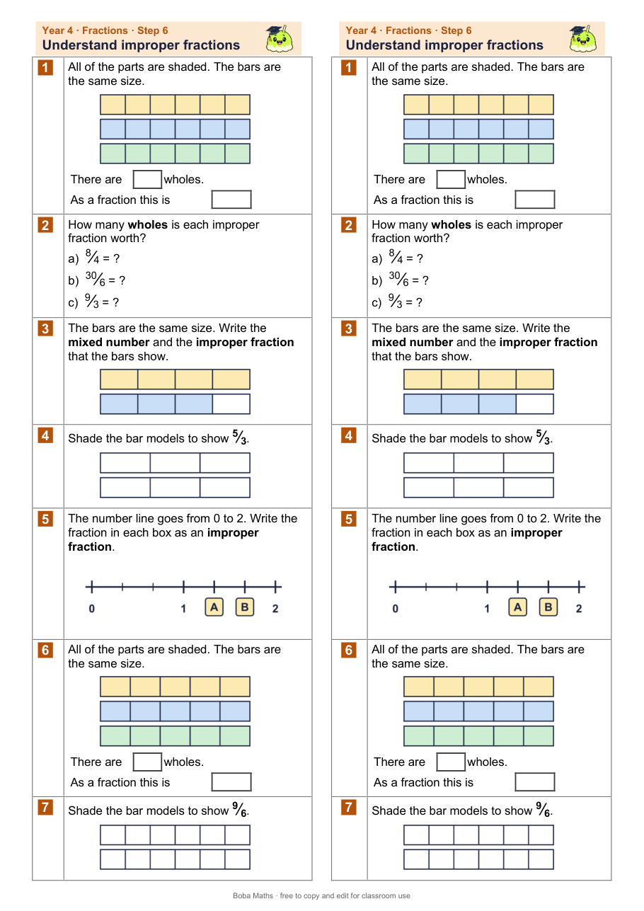 First page of the not scaffolded Understand improper fractions sheet, printed twice side by side