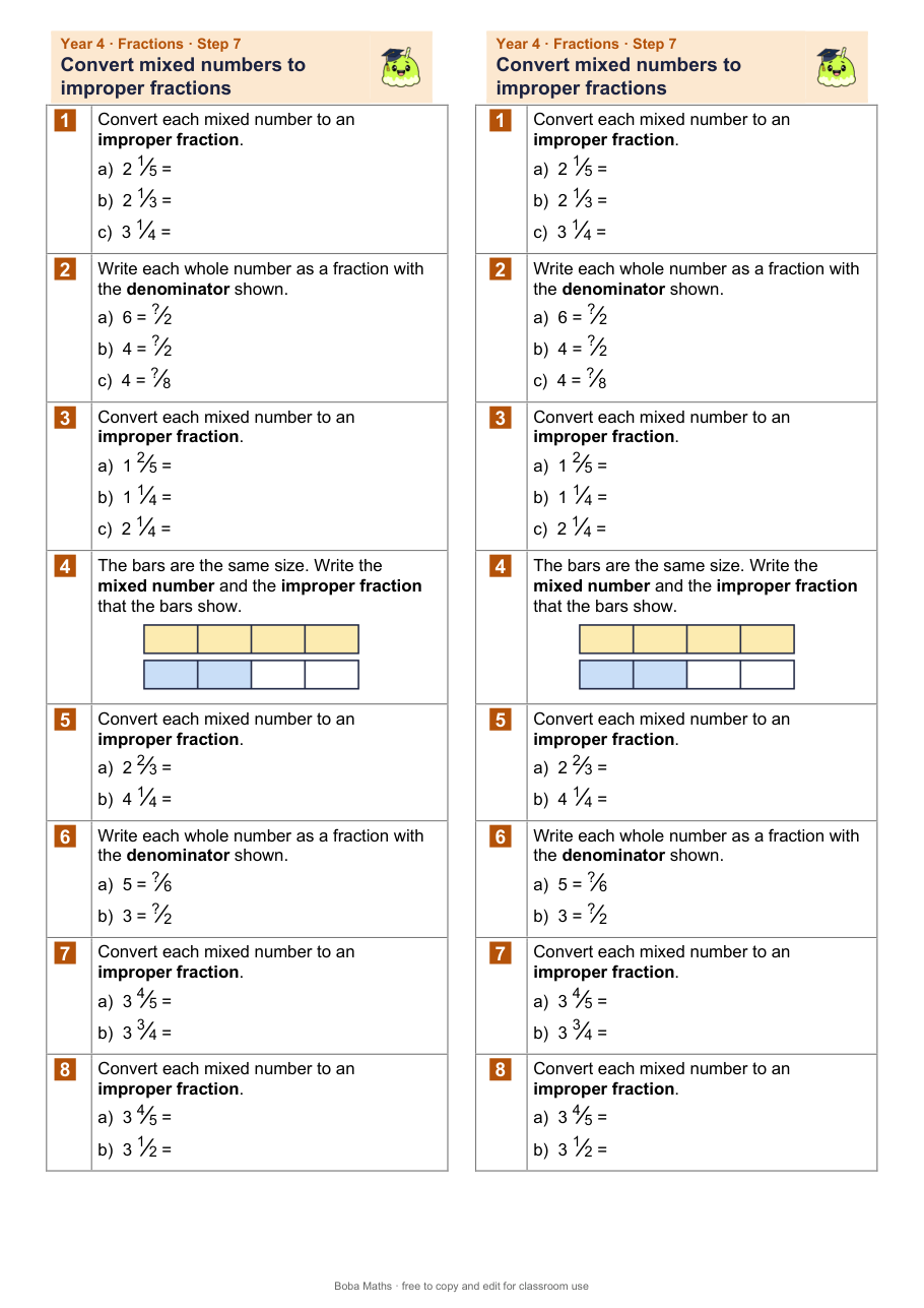 First page of the not scaffolded Convert mixed numbers to improper fractions sheet, printed twice side by side