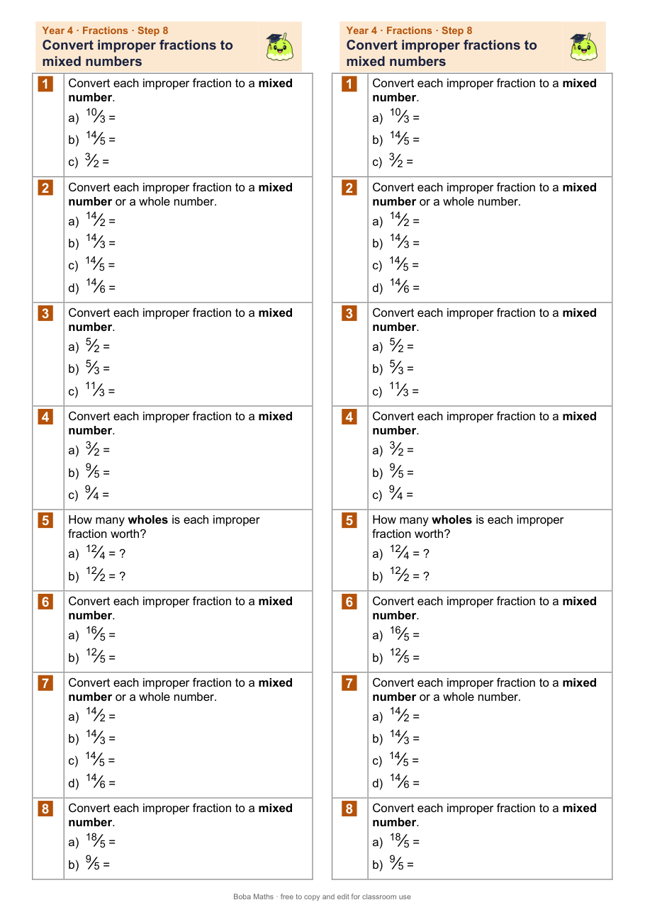 First page of the not scaffolded Convert improper fractions to mixed numbers sheet, printed twice side by side